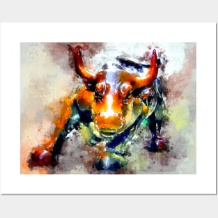 Watercolor Wall Street Bull Posters and Art